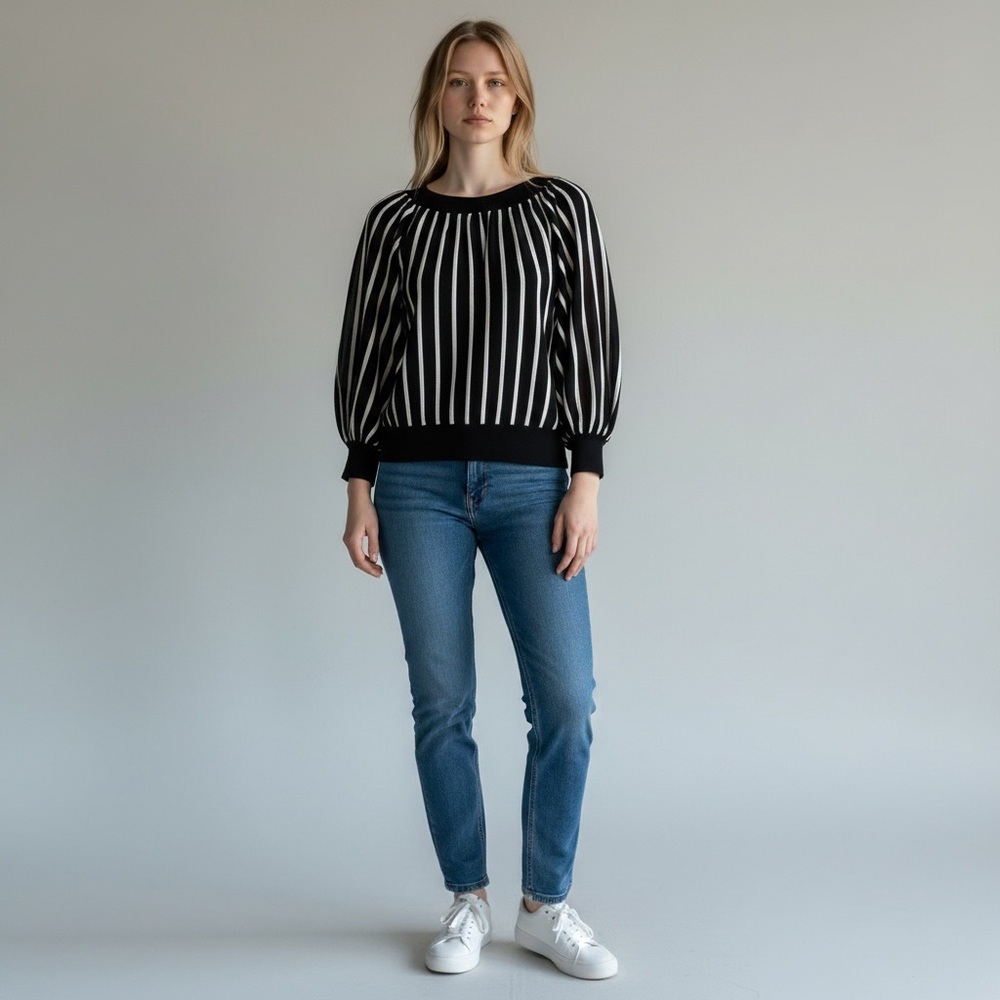 Ann Mashburn Black Striped Cotton Pullover Blouse